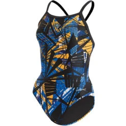Dolfin - XtraSleek Eco Torrent V-2 Back Swimsuit (Blue/Gold) -Funky Trunks Store dolfin blue gold torrent v back 175 ladies one piece swimsuit 4