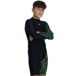 Speedo - Boys Long Sleeve Printed Rash Top - Black/Green