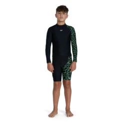 Speedo - Boys Long Sleeve Printed Rash Top - Black/Green -Funky Trunks Store speedo boys long sleeve printed rash top black green 4