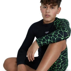 Speedo - Boys Long Sleeve Printed Rash Top - Black/Green -Funky Trunks Store speedo boys long sleeve printed rash top black green 6